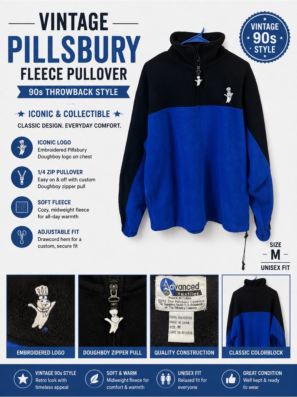 VTG 1999 Pillsbury Doughboy Colorblock Fleece Pullover 1/4 Zip Blue Black Size M
